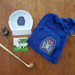 Vintage Golfers Lot: Cup, Divot Tool ,Tees, Towel